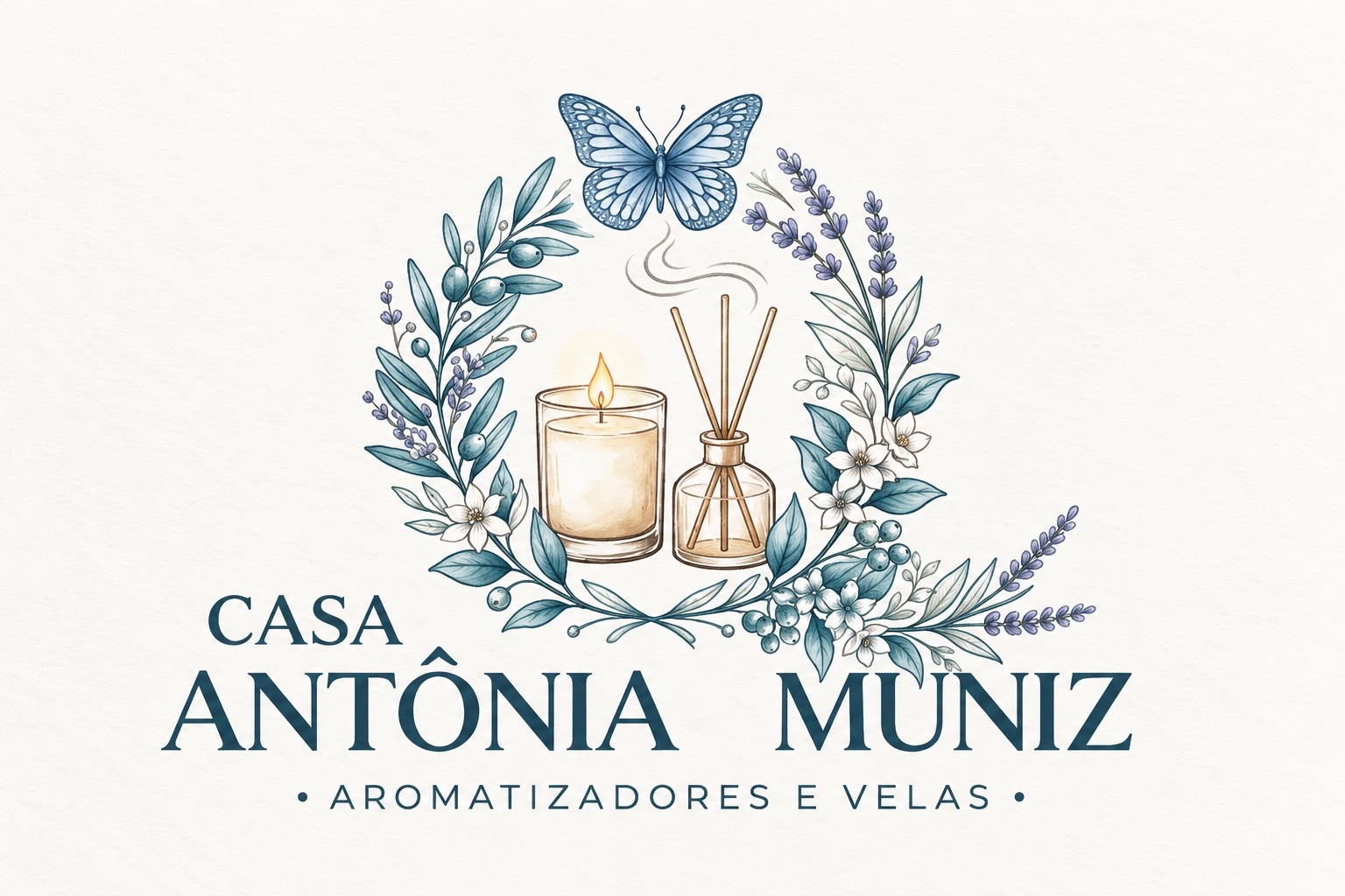 Logotipo Casa Antônia Muniz com borboleta, vela e aromatizador entre ramos botânicos